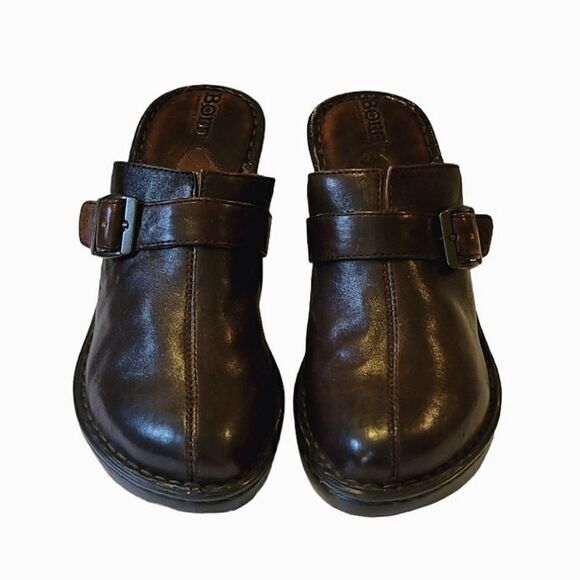 Born Handcrafted Brown Leather Wedge Heel Buckle Detail Slip-on Mule Shoe Size 8 - Picture 1 of 12